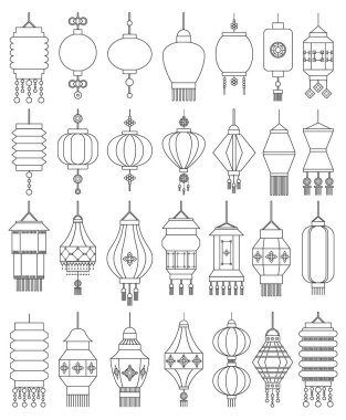Çin feneri vektör ana hatları simgesi ayarlandı. Beyaz arka planda vektör illüstrasyon Asyalı lamba. İzole edilmiş dış hat simgesi Çin feneri..