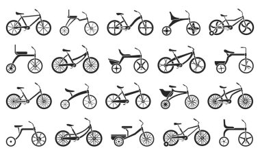 Çocuk bisikleti siyah set simgesi izole edildi. Beyaz arka planda vektör illüstrasyonlu çocuklar bisikleti. Vektör siyah set çocuk bisikleti.