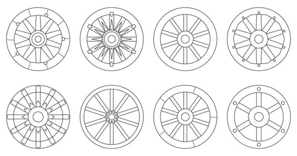 Wooden wheel outline vector set illustration of icon.Wheel wagon vector set of icon.outline collection wooden cartwhee wagon on white background.