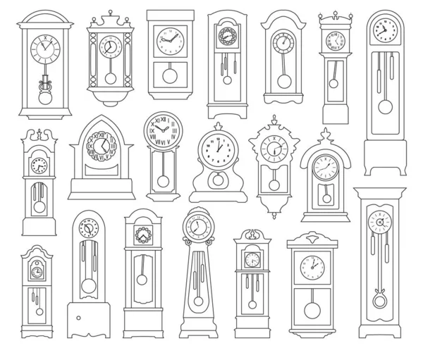 Antiguo icono de conjunto de contorno de reloj aislado. Ilustración vectorial reloj viejo sobre fondo blanco. Vector esquema conjunto icono reloj antiguo. — Vector de stock