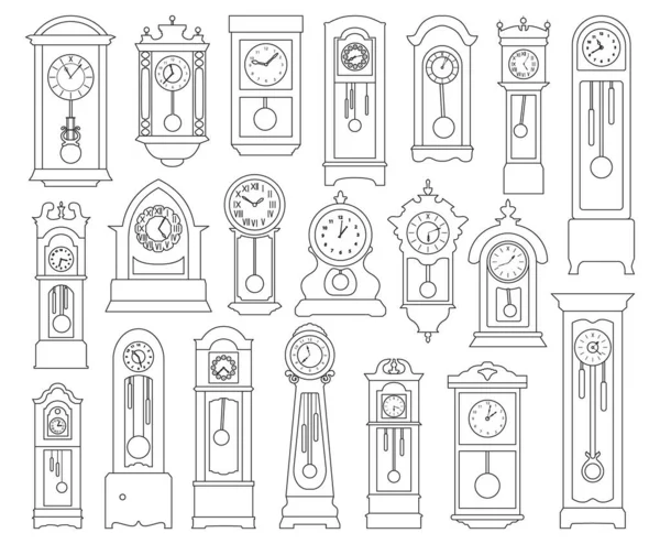 Antieke klok geïsoleerde outline set icoon. Vector illustratie oud horloge op witte achtergrond. Vector overzicht set pictogram antieke klok. Vectorbeelden