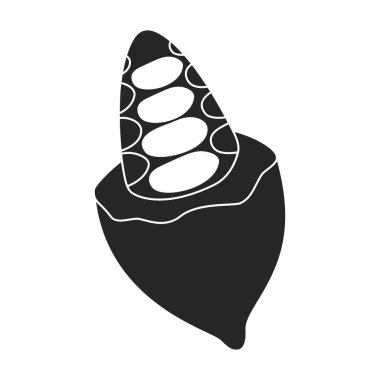 Kakao çekirdeği siyah çizim ikonu. Beyaz arka planda vektör illüstrasyon çikolatalı meyve. Siyah simge kakao çekirdeği.