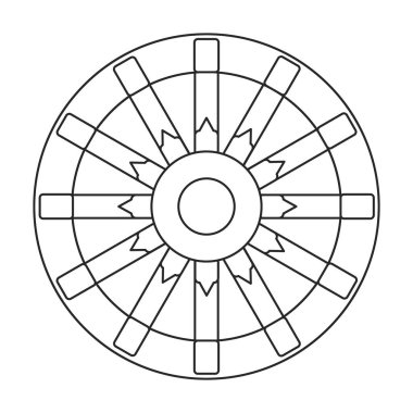 Tahta tekerlek ana taslak vektör simgesi. Çizgili vektör çizim vagonu. Beyaz arkaplandaki ahşap tekerlek simgesinin izole bir çizimi.