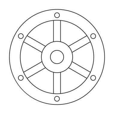 Tahta tekerlek ana taslak vektör simgesi. Çizgili vektör çizim vagonu. Beyaz arkaplandaki ahşap tekerlek simgesinin izole bir çizimi.
