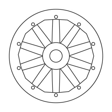Tahta tekerlek ana taslak vektör simgesi. Çizgili vektör çizim vagonu. Beyaz arkaplandaki ahşap tekerlek simgesinin izole bir çizimi.