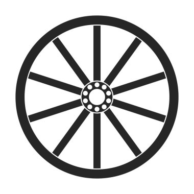 Tahta tekerlek siyah vektör ikonu. Siyah vektör illüstrasyon vagonu. Beyaz arkaplandaki ahşap tekerlek simgesinin izole bir çizimi.