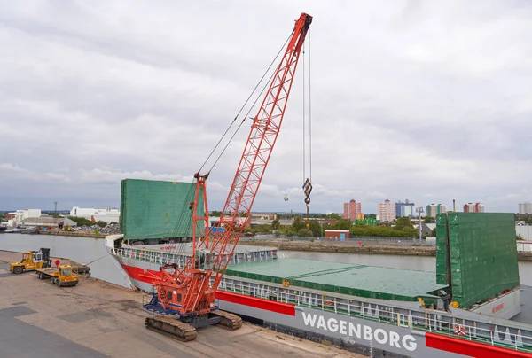 Tracked Crane Dock Next Cargo Ship — Fotografia de Stock