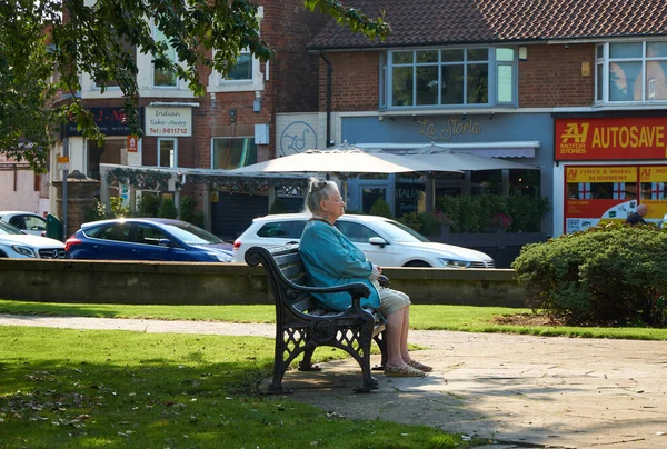 Oude Vrouw Zit Alleen Een Park Denken — Stockfoto