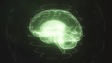 Futuristic green digital brain in cyberspace. Neurons firing in MRI scan of artificial intelligence neural network. Medical research of brain activity. Deep learning and modern technology 3D render