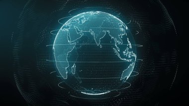 Fütürist Cyan dijital Dünya Asya silueti. Modern çağda gezegenin etrafındaki küresel veri ağı. Dünya çapında internet ve engelleme zinciri. Teknoloji, bağlantı, bilim ve iş konsepti 3D görüntüleme