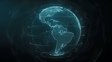 Gelecekçi Cyan dijital Dünya Amerika silueti. Modern çağda gezegenin etrafındaki küresel veri ağı. Dünya çapında internet ve engelleme zinciri. Teknoloji, bağlantı, bilim ve iş konsepti 3D görüntüleme