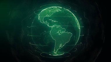 Fütürist yeşil dijital Dünya Amerika silueti. Modern çağda gezegenin etrafındaki küresel veri ağı. Dünya çapında internet ve engelleme zinciri. Teknoloji, bağlantı, bilim ve iş konsepti 3D görüntüleme