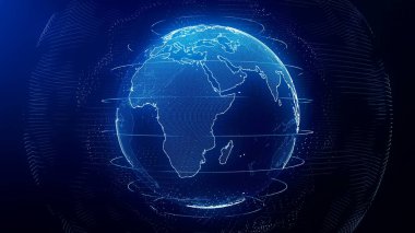 Gelecekçi mavi dijital Dünya Avrupa silueti. Modern çağda gezegenin etrafındaki küresel veri ağı. Dünya çapında internet ve engelleme zinciri. Teknoloji, bağlantı, bilim ve iş konsepti 3D görüntüleme