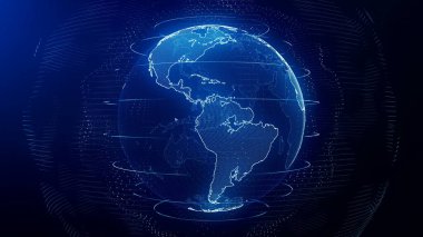 Gelecekçi mavi dijital Dünya Amerika silueti. Modern çağda gezegenin etrafındaki küresel veri ağı. Dünya çapında internet ve engelleme zinciri. Teknoloji, bağlantı, bilim ve iş konsepti 3D görüntüleme