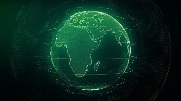 Futuristic green digital Earth Europe skyline. Global data network around planet in modern age. Worldwide internet and blockchain. Technology, connectivity, science and business concept 3D render