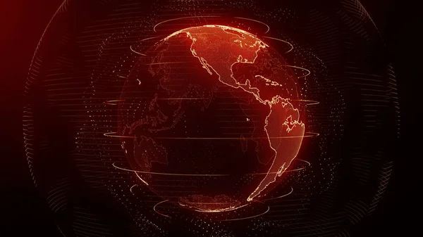 Futuristic red digital Earth America skyline. Global data network around planet in modern age. Worldwide internet and blockchain. Technology, connectivity, science and business concept 3D render