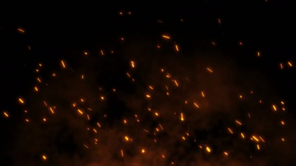 Burning red hot sparks fly away from large fire in the night sky — Stock Video