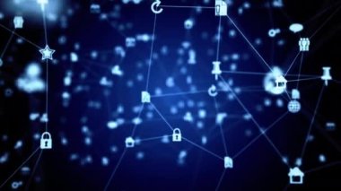 Soyut gelecekçi sosyal ağ, bilgisayar ve internet simgeleri kusursuz döngü