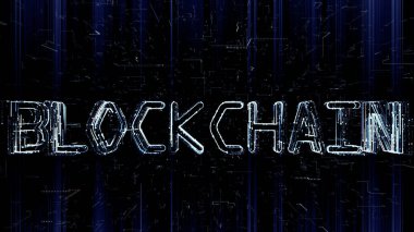 Soyut şebeke arka planında parçacıklar ve programlama kodu tarafından oluşturulan Blockchain metninin gelecekteki üç boyutlu çizimi. 4K içinde siyah arkaplan üzerine soyut kripto teknolojisi büyüme kavramı