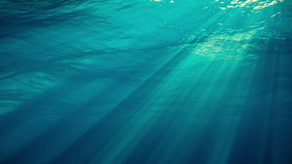 Underwater view with ocean waves flowing in the clear blue water. Beautiful aquatic view with sunbeams shining and creating god rays in the deep sea. 3D illustration with swells and tidal waves