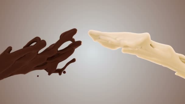 Salpicaduras de leche y chocolate en cámara lenta. Colisión de líquidos blancos y oscuros — Vídeo de stock
