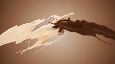 Süt ve çikolata yavaş çekimde sıçrar. Beyaz ve koyu sıvı çarpışma