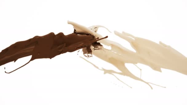 ミルクとチョコレートはゆっくりと動きます。白と濃い液体の衝突 — ストック動画