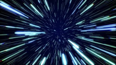 Hyperspace jump through the stars to a distant space. Speed of light, neon glowing rays in motion. Lightspeed space journey through time continuum. Warp journey in wormhole 3D illustration