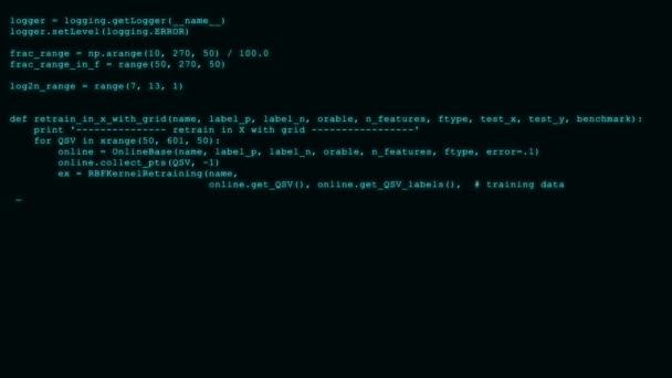 Flujo de flujo de datos de código de Hacking 3D en negro. Pantalla con símbolos de codificación de escritura — Vídeo de stock