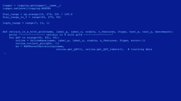 Flujo de flujo de datos de código de Hacking 3D en azul. Pantalla con símbolos de codificación de escritura — Vídeo de stock