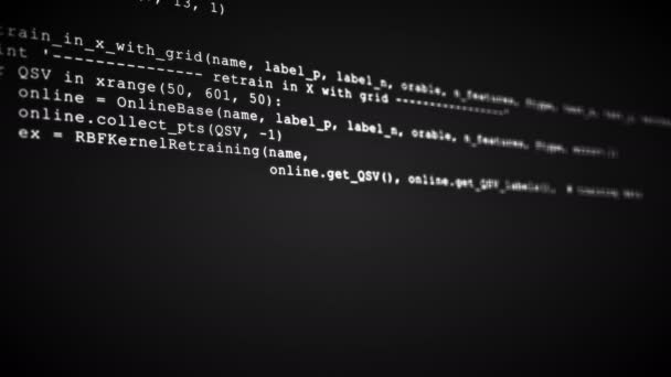 Flujo de flujo de datos de código de Hacking 3D en negro. Pantalla con símbolos de codificación de escritura — Vídeo de stock