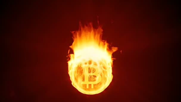 Bitcoin criptomoneda ardiendo en el fuego. Descenso del mercado rojo, caída y burbuja — Vídeo de stock
