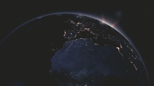 Реалістичний схід сонця над планетою Земля з цифровою сіткою даних навколо — стокове відео