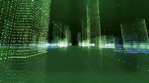 未来的行列ホログラム市シームレスループ.粒子のあるデジタルビル — ストック動画