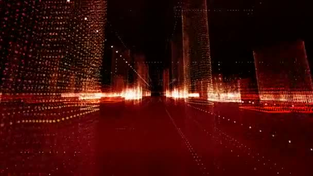 Matriz futurista holograma ciudad lazo sin costura. Edificios digitales con partículas — Vídeos de Stock