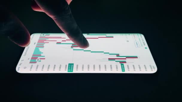 Un commerçant analyse les graphiques de chandelier de crypto dans une application smartphone — Video