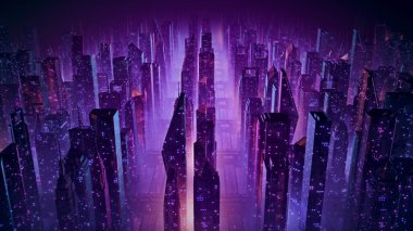 80s retrowave 3D illustration of a retro cityscape with glowing neon lights clipart
