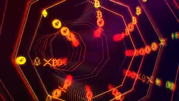 Kripto para akış döngüsüne sahip gelecekçi teknolojisiz siber uzay tüneli — Stok video