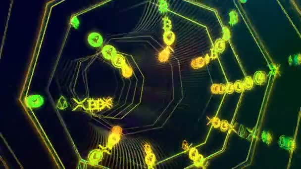 Футуристическая бесшовная технология киберпространственного туннеля с криптовалютным потоком — стоковое видео