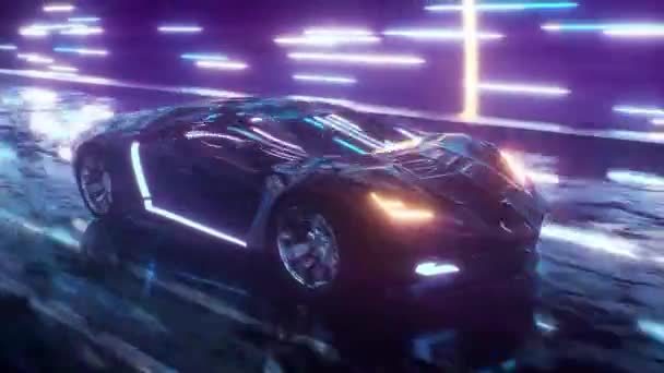 Futuristische Sportwagen Hochgeschwindigkeitsfahrt mit Neon-Hintergrund. Nahtlose Schleife — Stockvideo