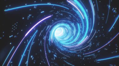 Dijital veri tünelinde uçuyor. Neon ışınlı fütüristik soyut arka plan. Büyük veri, engelleme zinciri, kripto para, internet, hiperuzay ve uzay yolculuğu kavramları. 4k 3D görüntüleyici