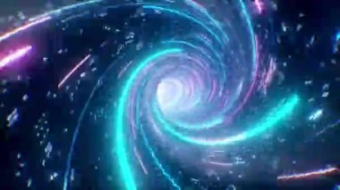 Dijital veri tünelinin içinde kusursuz bir döngü içinde uçuyor. Neon ışınlı fütüristik soyut arka plan. Büyük veri, engelleme zinciri, kripto para, internet, hiperuzay ve uzay yolculuğu kavramları. 4k 3D canlandırma