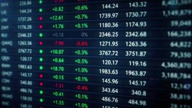 Financial stock market data tableau. Company and cryptocurrency tickers in bullish market 3D render. Economic growth and rising prices. Investor greed and appreciating shares. 4k background
