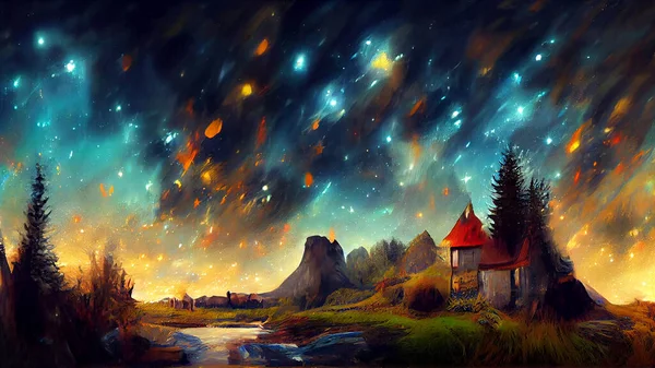Fantasy fairy tale hand drawn picture book. Beautiful starry night with colorful sky and a dreamy landscape. Forest by the river drawing. Background for adventure children stories. 3D illustration