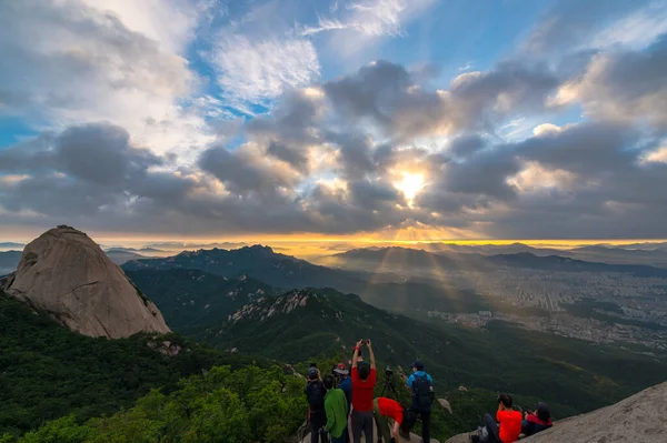 Bukhansan Mountain in Seoul at Sunrise in the beautiful Colorful morning in Bukansan National Park, South Korea.