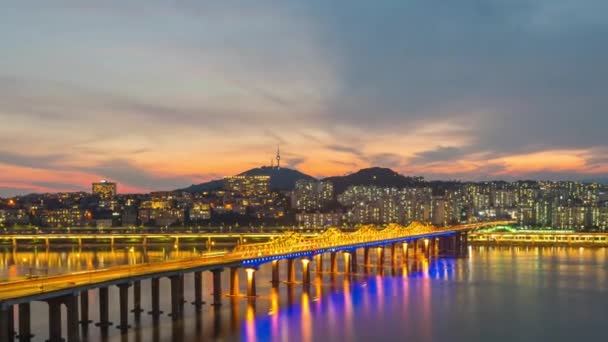 Time Lapse Traffic Sunset Dongho Bridge Han River Seoul City — 图库视频影像