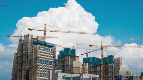 Time Lapse Development High Rise Towers Building Colorful Tower Cranes — Stock Video