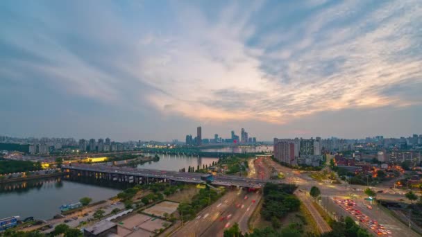 Aerial View Day Night Time Lapse Han River Traffic Building — 图库视频影像