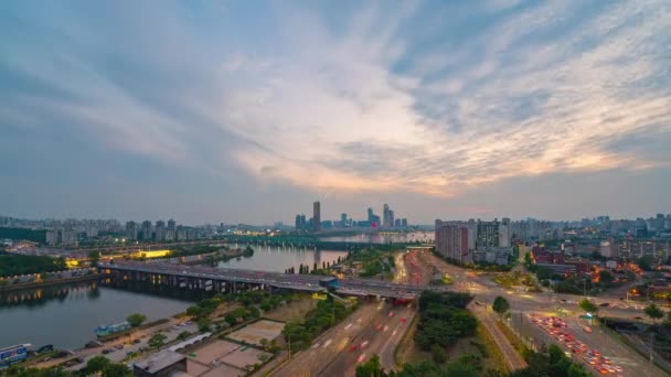 Вид Воздуха Day Night Time Lapse Han River Traffic Building — стоковое видео