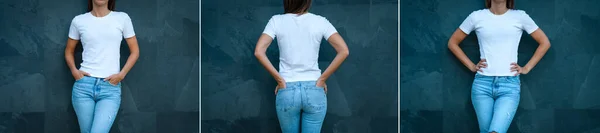 Camiseta blanca maqueta para el diseño de impresión. Mujer joven y elegante vestida con camiseta blanca en blanco y vaqueros azules en el fondo gris. Vista frontal y trasera —  Fotos de Stock